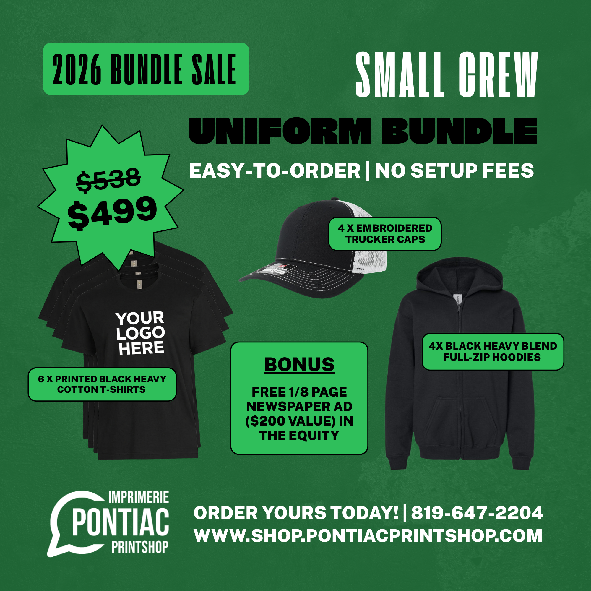 Ensemble d'uniformes pour petite équipe | 6 T-shirts, 4 Chandails à capuchon entièrement zippés & 4 Casquettes