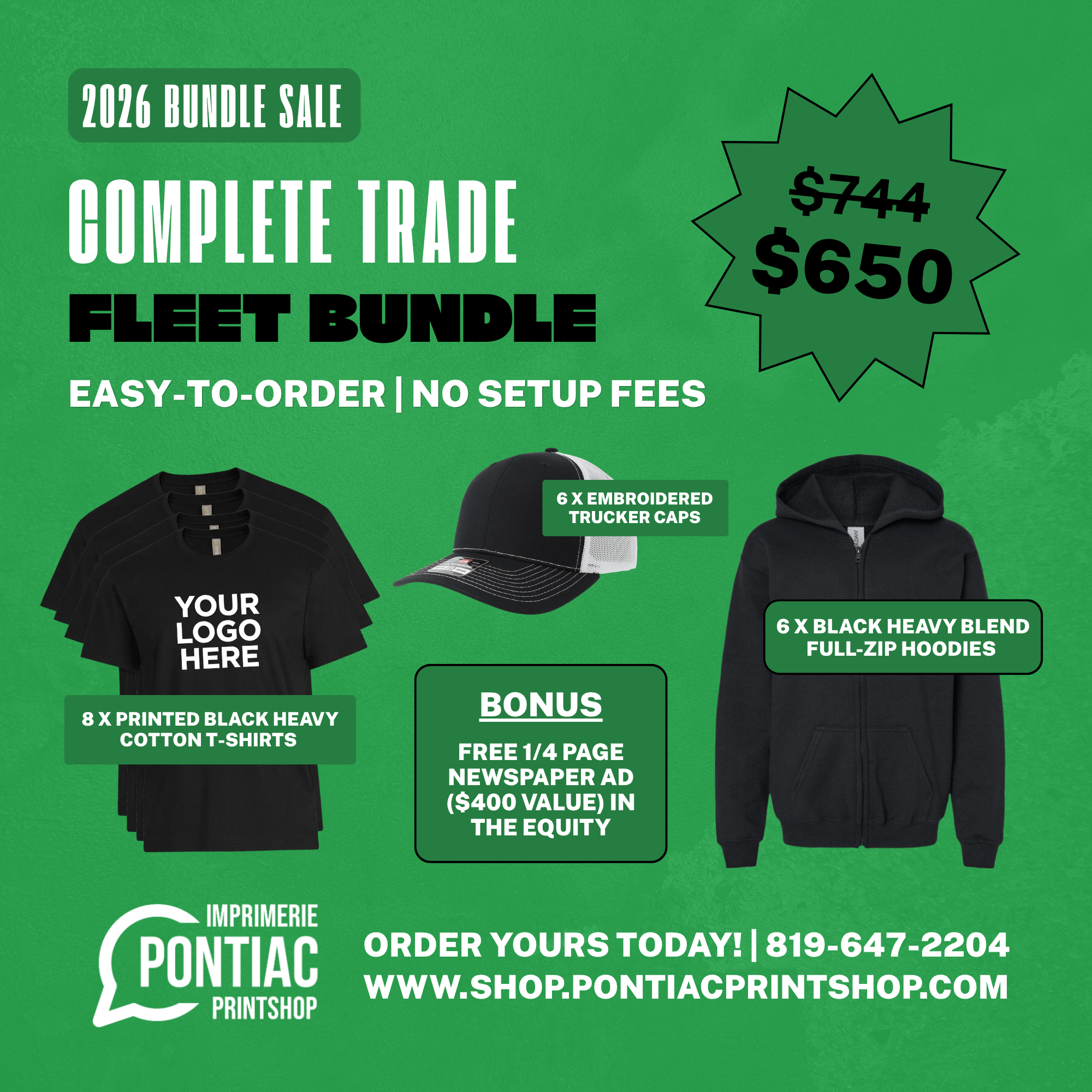 Ensemble complet pour flotte commerciale | 8 T-shirts, 6 Chandails à capuchon à glissière et 6 Casquettes